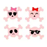 Four cute pink skull and crossbones SVG designs with a pink bow and lashes, a red bow, plain round eyes and a black eye patch