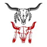 Two longhorn bull skull SVG designs with feathers hanging from the horns, one in black and one in rust red