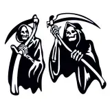 Two grim reaper SVG designs in black silhouette, hooded figures holding scythes