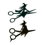 Two flying witch SVG silhouettes riding open hairdressing shears instead of a broom, in teal and brown