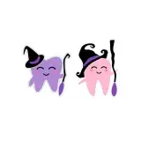 Two Halloween tooth SVG designs, smiling teeth in black witch hats holding brooms, one purple and one pink