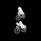 Two cycling ghost SVG designs in sketched white line art on black, one carrying a jack-o-lantern