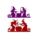 Two witch and cauldron silhouette SVG scenes with a black cat and a carved pumpkin, one purple and one dark red