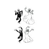 Two skeleton bride and groom SVG designs dancing, the groom in a tuxedo and the bride in a veiled gown