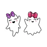 Two cute ghost girl SVG designs with lashes and rosy cheeks, one with a purple bow and one with a pink bow