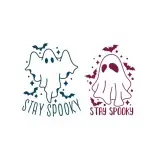 Two Stay Spooky SVG designs with a line-drawn ghost, bats and stars, one in teal and one in maroon