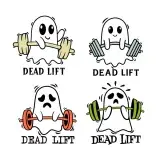 Four Dead Lift ghost SVG designs, cartoon ghosts pressing barbells in cream, blue, orange and green