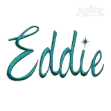 Bewitched embroidery font stitching the name Eddie in teal script with a sparkle over the i