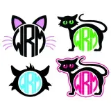 Cat monogram SVG frame bundle showing four black cat and cat face designs with customizable circle monograms in bright colors