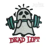 Dead Lift Ghost machine embroidery design featuring a white ghost lifting a teal barbell above red Dead Lift lettering.