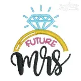 Future Mrs embroidery design with a blue diamond, gold ring, pink FUTURE lettering, and black script Mrs text