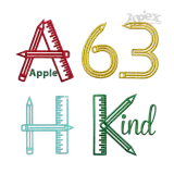School embroidery font preview showing letter A, number 63, letter H and KIND designs with pencil and ruler details