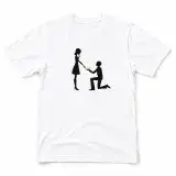 Romantic proposal couple silhouette SVG printed on a white T-shirt with man proposing on one knee