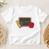 Back to school supplies embroidery design with chalkboard, pencil, books and apple stitched on a white kids T-shirt