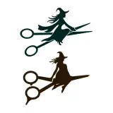 Two flying witch SVG silhouettes riding open hairdressing shears instead of a broom, in teal and brown