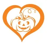 Pumpkin heart SVG with a smiling carved jack-o-lantern and a curling vine inside an orange heart frame