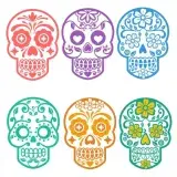 Six Day of the Dead sugar skull SVG designs in coral, purple, blue, teal, orange and green outline