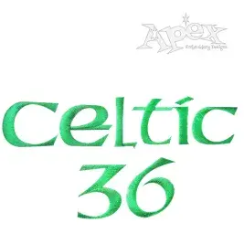 Irish Celtic embroidery font sample stitched reading Celtic 36 in green thread