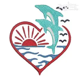 Flying Dolphins Beach Heart Embroidery Design