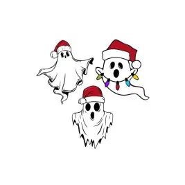 Three Christmas ghost SVG designs wearing red Santa hats