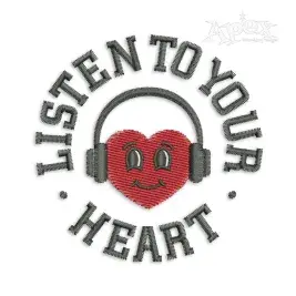 Listen to Your Heart Machine Embroidery Design Saying Word Art with Headphones