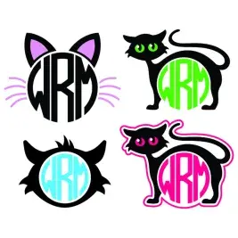 Cat monogram SVG frame bundle showing four black cat and cat face designs with customizable circle monograms in bright colors