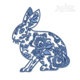 Blue floral Chinoiserie bunny machine embroidery design with detailed vintage-inspired rabbit pattern for Easter and spring projects