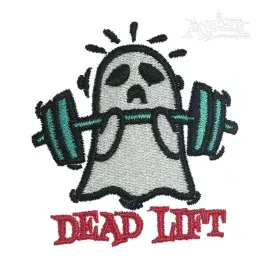 Dead Lift Ghost machine embroidery design featuring a white ghost lifting a teal barbell above red Dead Lift lettering.