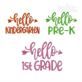 Hello School embroidery design bundle featuring Hello Pre-K, Hello Kindergarten and Hello 1st Grade machine embroidery designs