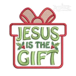 Jesus Is The Gift machine embroidery design featuring a wrapped present, green lettering, red outline and holly accents for Christmas projects