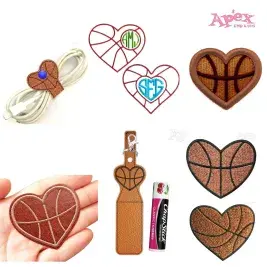 Basketball Heart Embroidery Designs — ITH Keychains, Feltie & 3D Puff Bundle