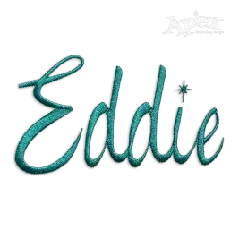 Bewitched embroidery font stitching the name Eddie in teal script with a sparkle over the i