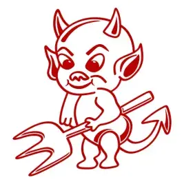 Cartoon devil imp SVG in red line art with curved horns, pointed ears and a pitchfork
