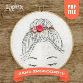 Flowers Hair Bun Girl Hand Embroidery Pattern
