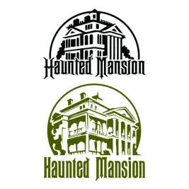 Two haunted mansion SVG designs with a gothic manor above a hand-lettered wordmark, one in black and one in olive