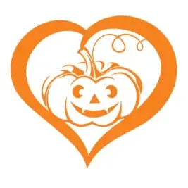 Pumpkin heart SVG with a smiling carved jack-o-lantern and a curling vine inside an orange heart frame