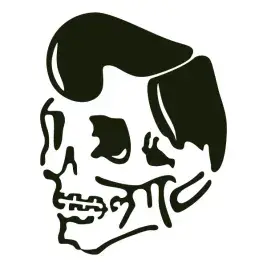 Rockabilly skull SVG in profile with a slicked-back pompadour and long sideburns in dark charcoal