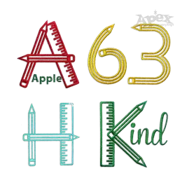 School embroidery font preview showing letter A, number 63, letter H and KIND designs with pencil and ruler details