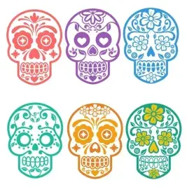 Six Day of the Dead sugar skull SVG designs in coral, purple, blue, teal, orange and green outline