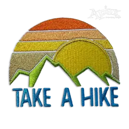 Take A Hike Outdoor Travel Adventure Mountains and Sun Sunset Machine Embroidery Design
