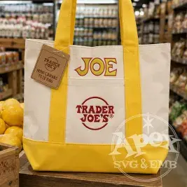 Joe embroidered in Trader Joe's font on a yellow mini canvas tote bag
