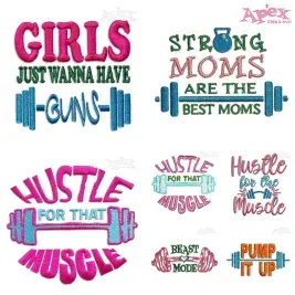 Weightlifting Gym Embroidery Designs Bundle — Hustle, Beast Mode & Gym Sayings