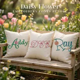 Daisy Flower Embroidery Fonts Bundle Pillow set