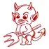 Cartoon devil imp SVG in red line art with curved horns, pointed ears and a pitchfork