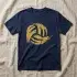 Distressed volleyball SVG cut in gold vinyl on a navy cotton t-shirt laid flat on oat linen
