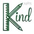 Green letter K embroidery design made with pencil and ruler elements and KIND lettering for school projects
