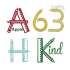 School embroidery font preview showing letter A, number 63, letter H and KIND designs with pencil and ruler details